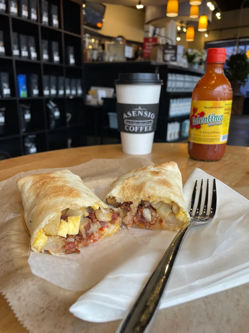 Breakfast plate from an angle at Asensio Coffee